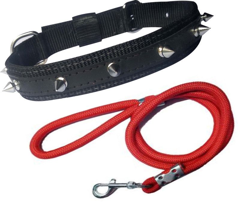 PEDIGONE Good Quality Dog Belt Combo of Nylon Black Spike Collar with Red Lead 1.5m Lengthy Dog Collar & Leash  (Medium, Multi-Color)