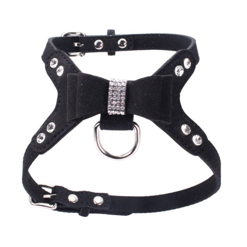 Harness Velvet & Leather Bling Rhinestone Leash With Tie Jewel Decoration Puppy Pet Accessories 5 Colors