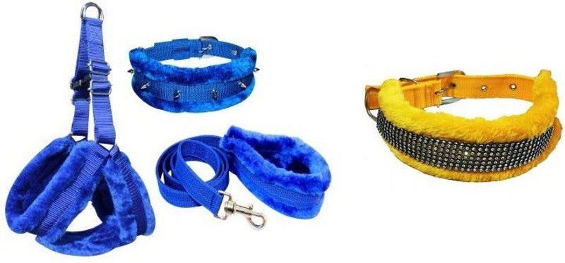 Pet N Perry PetNPerry Export Quality Dog Blue Furr Harness Set &Yellow Diamond Collar Large Dog Collar & Leash  (Large, YELLOW, BLUE)