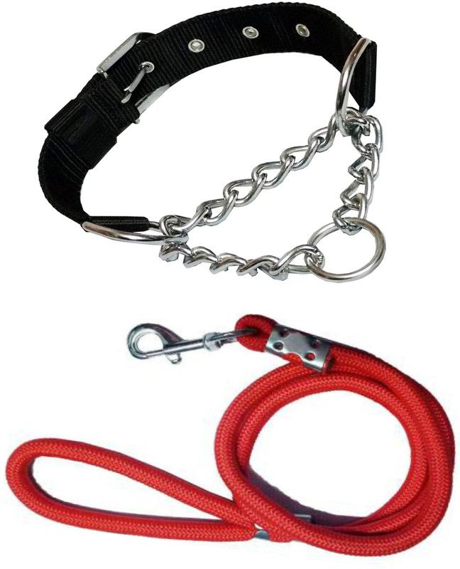 PEDIGONE Dog Belt Combo of Black Choke Collar with Red Lead 1.5m Lengthy Dog Collar & Leash  (Medium, Multi-Color)