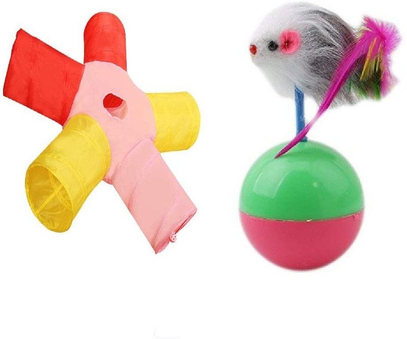 PETS EMPIRE Pet Cat Toy Tunnel Collapsible Foldable 5 Way Play Game Tube for Training Indoor Outdoor + Pets Empire Funny Tumbler Mice Teaser Feather Stick Toy Polyester, Plastic Training Aid, Stick For Cat