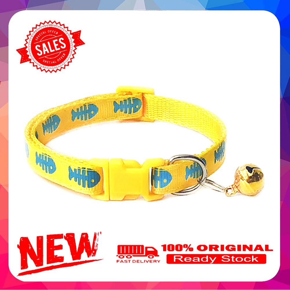 Miss cherry Pets Dog Cat Fish Bone Print Bell Buckle Adjustable Collar Necklace Neck Strap
