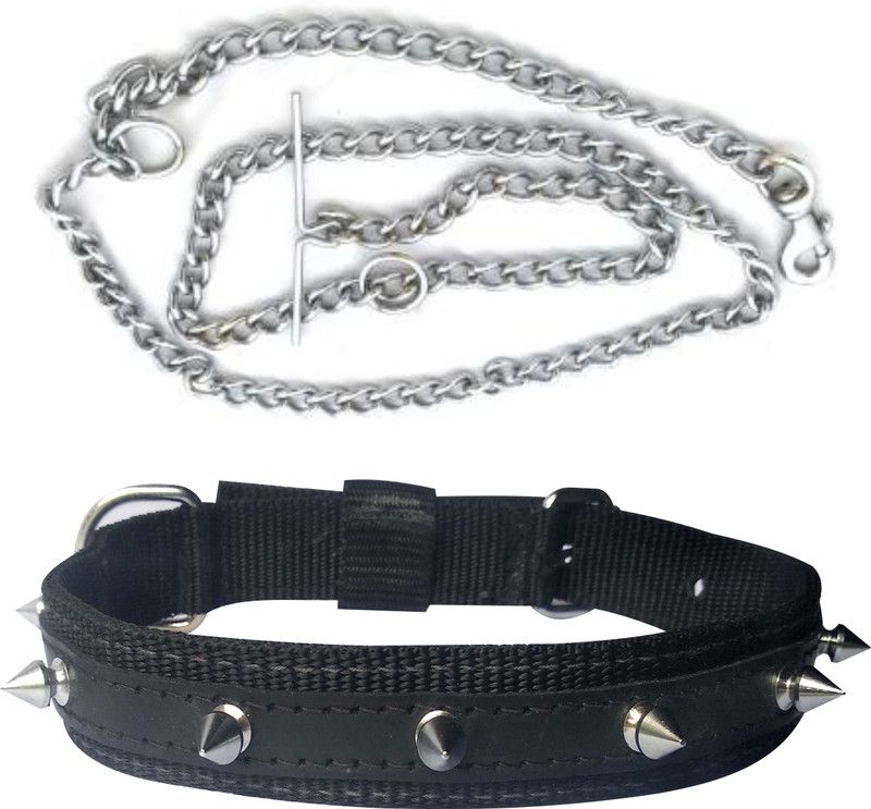 PEDIGONE Good Quality Dog Belt Combo of Black Nylon Spike Collar with Dog Chain 1.5m Lengthy Dog Collar & Chain  (Medium, Multi-Color)
