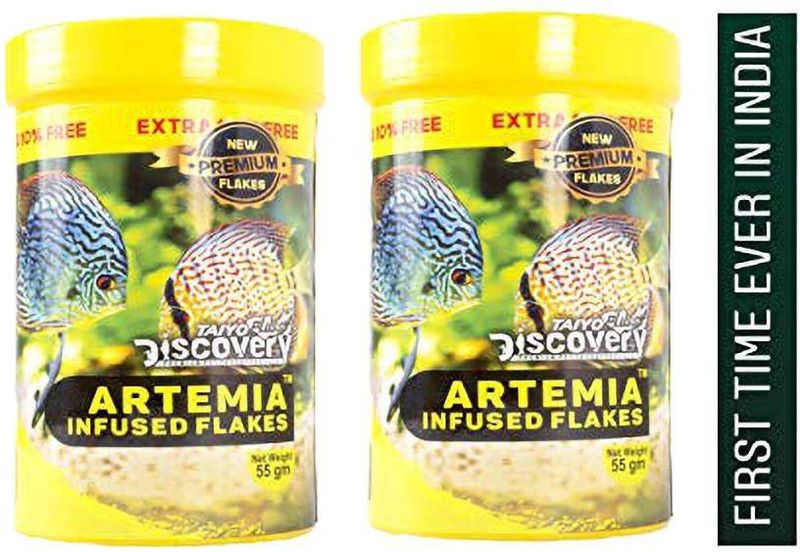 Taiyo Pluss Discovery Artemia Infused Flakes Fish Food (55g) Pack Of 2 Sea Food 0.11 kg (2x0.06 kg) Dry Young, Adult, Senior Fish Food