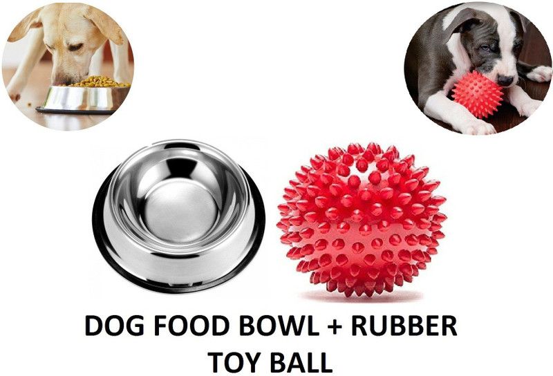 Hachiko Best Quality Super Premium Pet Bowl + Rubber Toy Spike Ball High Quality Anti Skid Scratch Proof Dog Bowl Round Steel (Pet Bowl Stainless Steel Feeding Plain 750 ml Silver) Rubber Chew Toy For Dog Round Steel Pet Bowl  (750 ml Silver)
