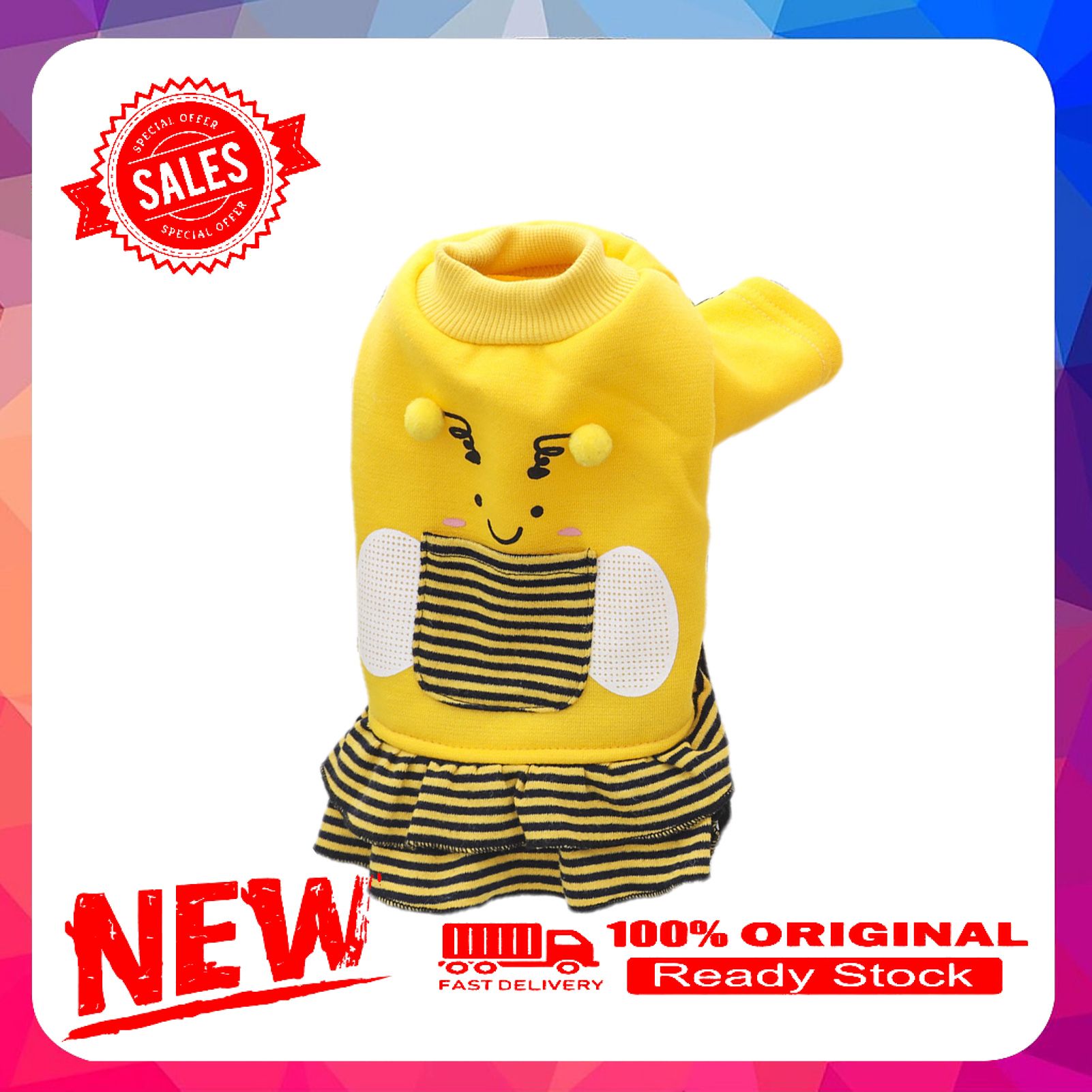 Vist Fox Dog Skirt Ruffled Hem Cartoon Bee Printing Cotton Two-legged Pet Dress for Daily Life