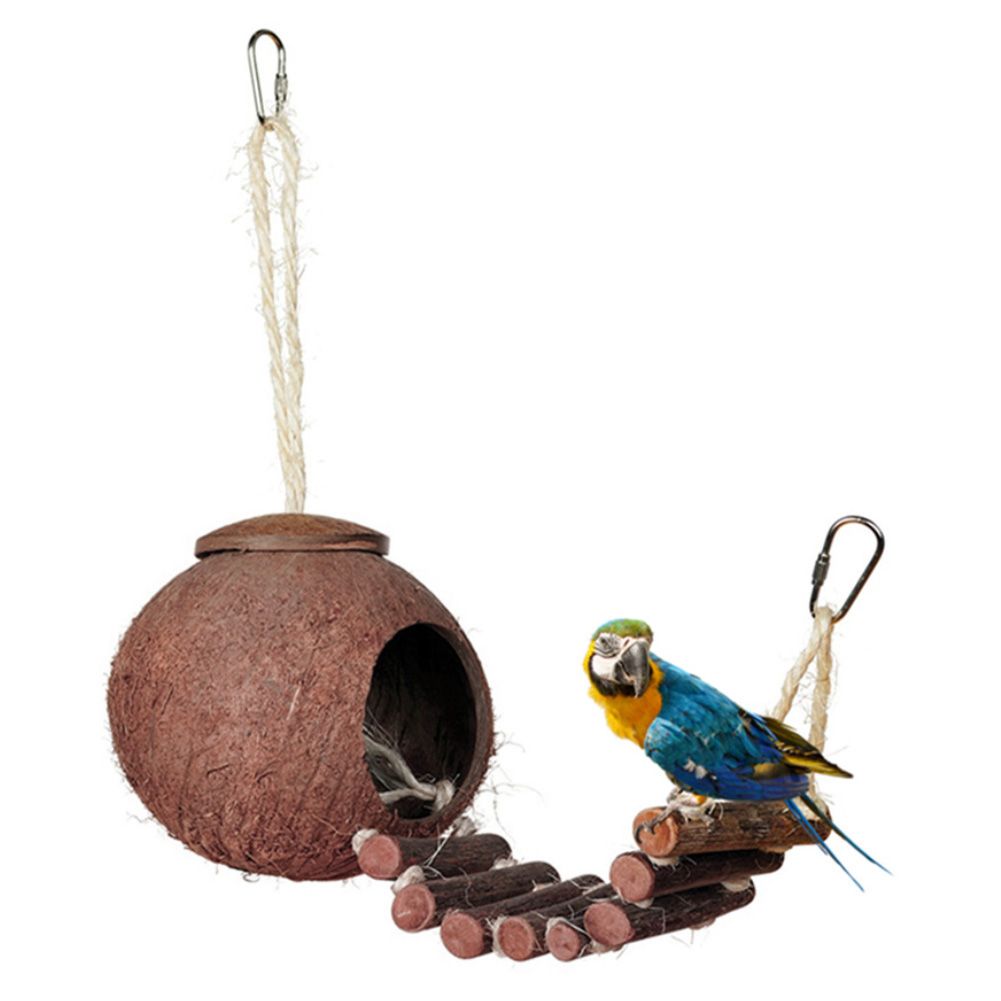 Natural Coconut Shell Parrot Nest Parakeet Birds Feeder Pets Toy with Ladder