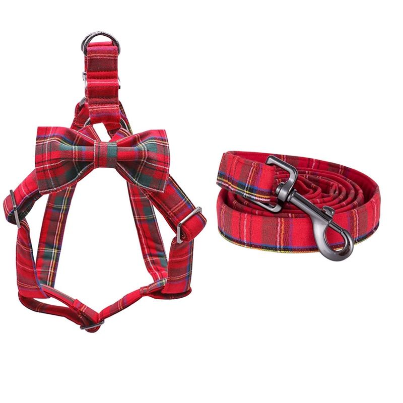 Cotton Red Plaid Christ Harness with Bowtie and Basic  Leash Adjustable Buckle Pet Supplies