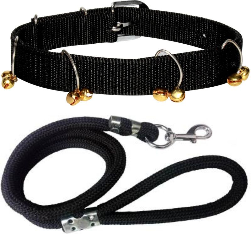 ADIOS Dog Belt Combo of Black Ghungroo Collar with Black Lead 1.5m Lengthy Dog Collar & Leash  (Medium, Multi-Color12)