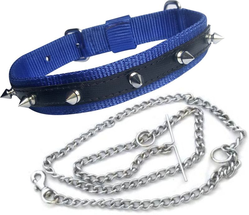 PEDIGONE Good Quality Dog Belt Combo of Nylon Blue Spike Collar with Dog Chain 1.5m Lengthy Dog Collar & Chain  (Medium, Multi-Color)