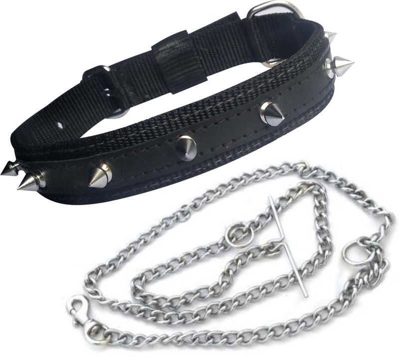 PEDIGONE Good Quality Dog Belt Combo of Nylon Black Spike Collar with Dog Chain 1.5m Lengthy Dog Collar & Chain  (Medium, Multi-Color)