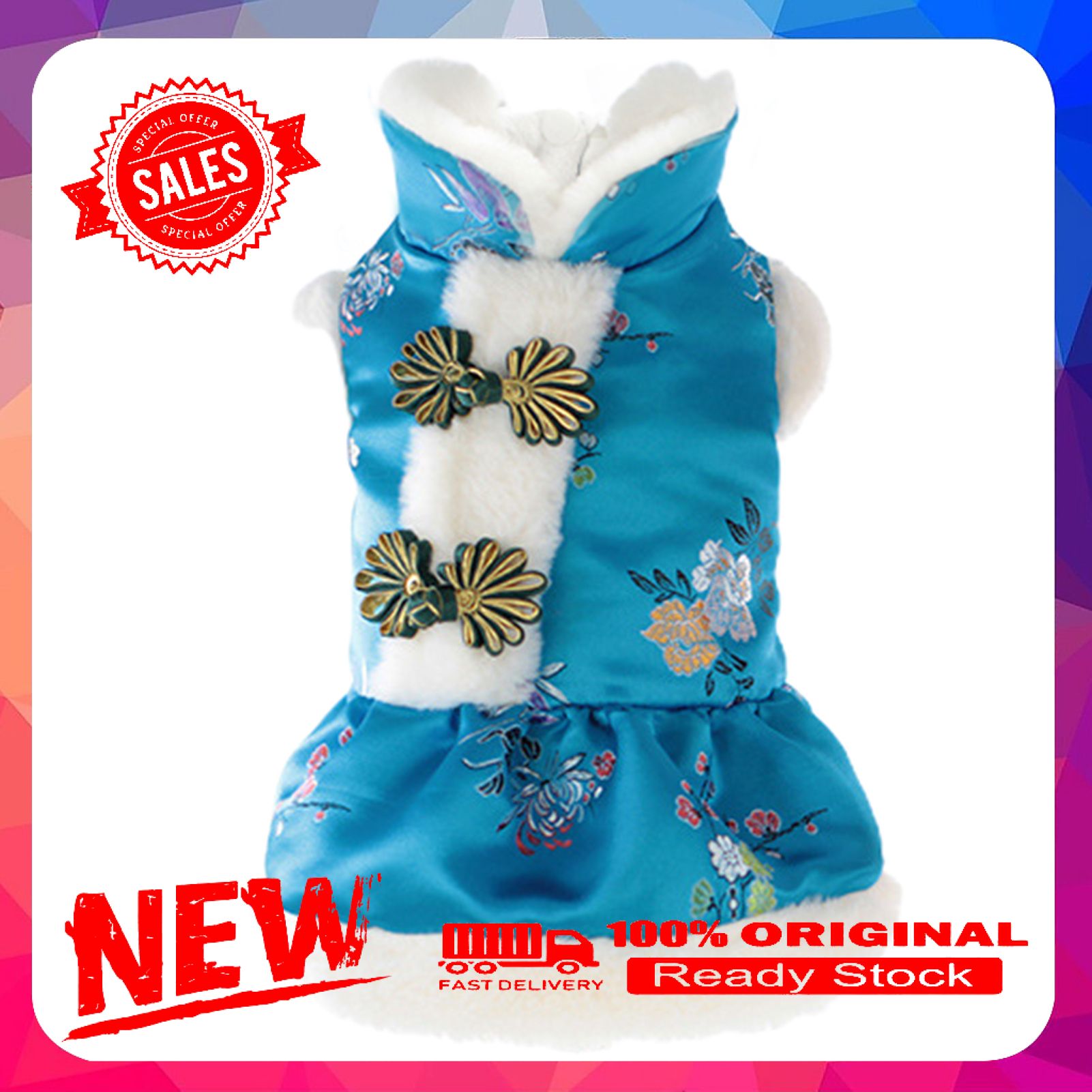 Pet Dress Flower Pattern Dress-up Soft Texture Retro Pet Dogs Cats Tang Suit Dress for New Year
