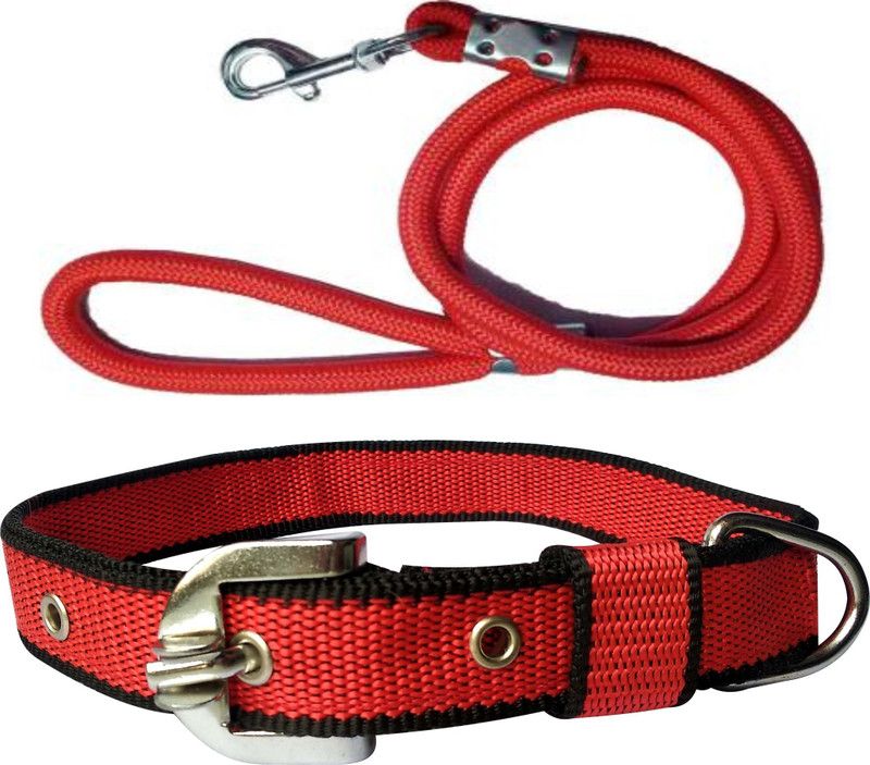 PEDIGONE Good Quality Dog Belt Combo of Black Red Collar with Red Lead 1.5m Lengthy Dog Collar & Leash  (Medium, black, red)