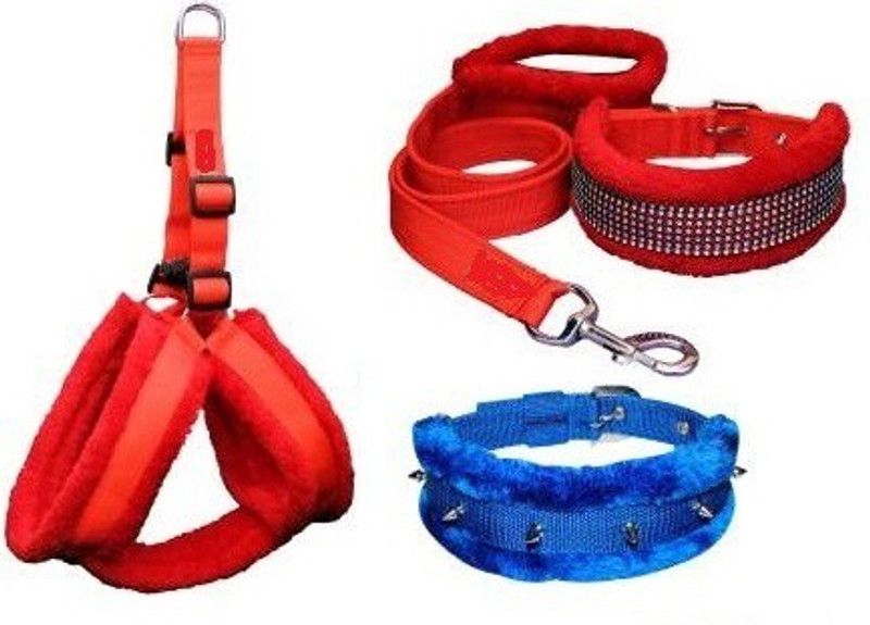 Pet N Perry PetNPerry Export Quality Dog Blue Spyke Collar & Red Diamond Harness Set Small Dog Harness & Leash  (Small, BLUE, RED)