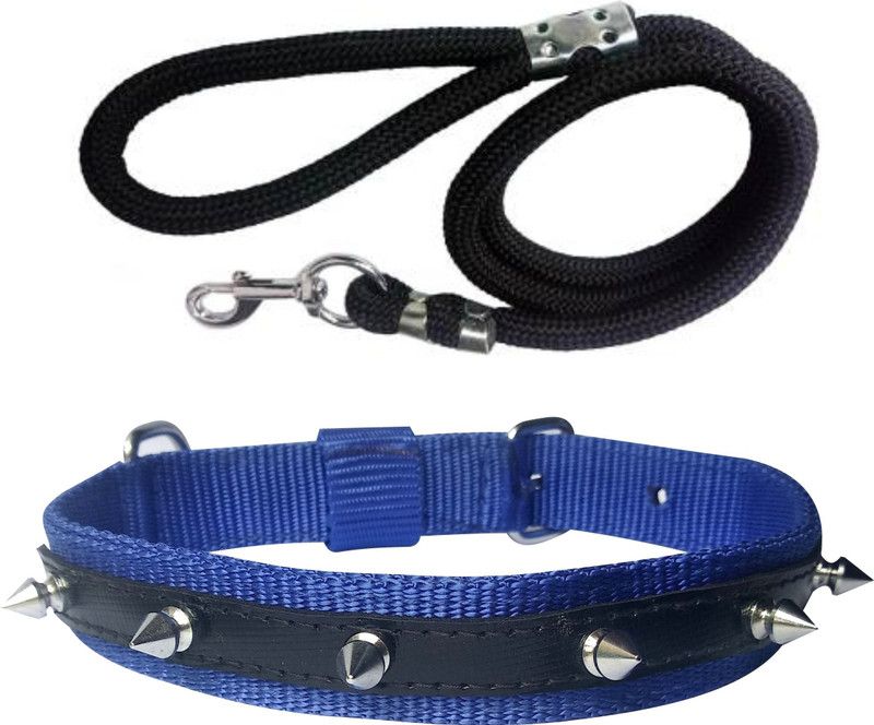 PEDIGONE Good Quality Dog Belt Combo of Blue Nylon Spike Collar with Black Lead 1.5m Lengthy Dog Collar & Leash  (Medium, Multi-Color)