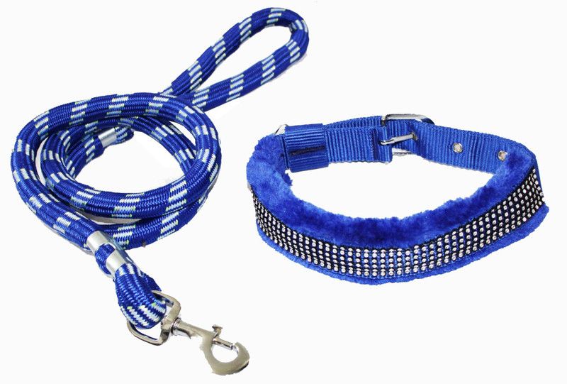 Petshop7 Premium QualityFur Padded Nylon Diamond Dog Collar & Leash Rope (Neck Girth Size - 17-21inch) Dog Collar & Leash  (Large, Blue)