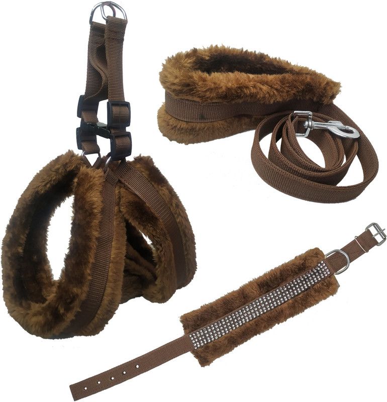 BBFLAMINGO Dog Adjustable Belt Combo of Brown Fur Padded Dog Harness with Dog Collar & Leash for Medium Breed Dog Harness & Leash & Collar Dog Harness & Leash  (Medium, Multicolor)