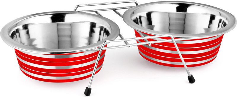 HM Steels HMSTEELS PET DOG BOWL DOUBLE DINNER WITH Stainless steel PET BOWL Red Color with Strip 200 ML (11CM) Round Stainless Steel Pet Bowl  (200 ml Red)