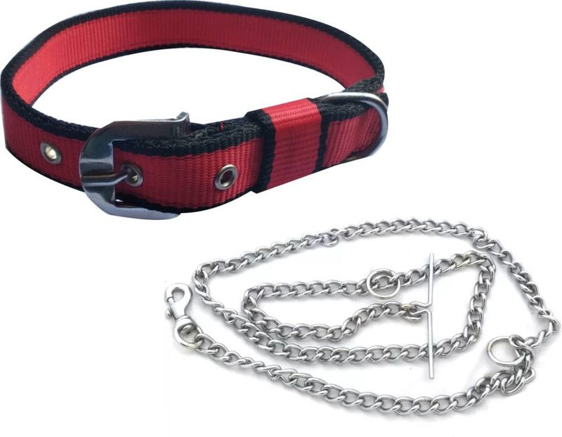 S.Blaze COMBO OF RED BLACK COLOR DOG COLLAR WITH DOG CHAIN Dog Collar & Chain  (Medium, MULTI COLOR)