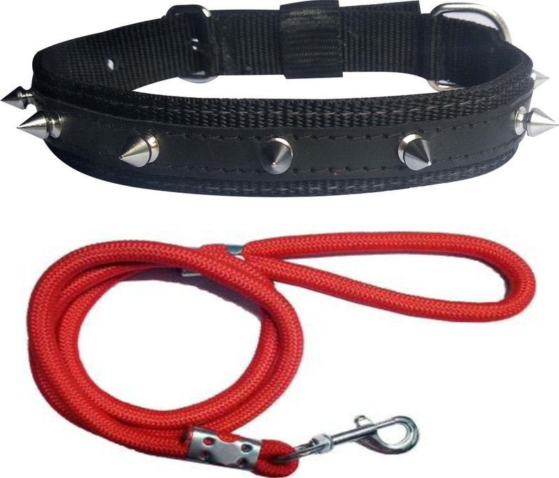 PEDIGONE Dog Belt Combo of Black Nylon Spike Collar with Red Lead 1.5m Lengthy Dog Collar & Leash  (Medium, Multi-Color)
