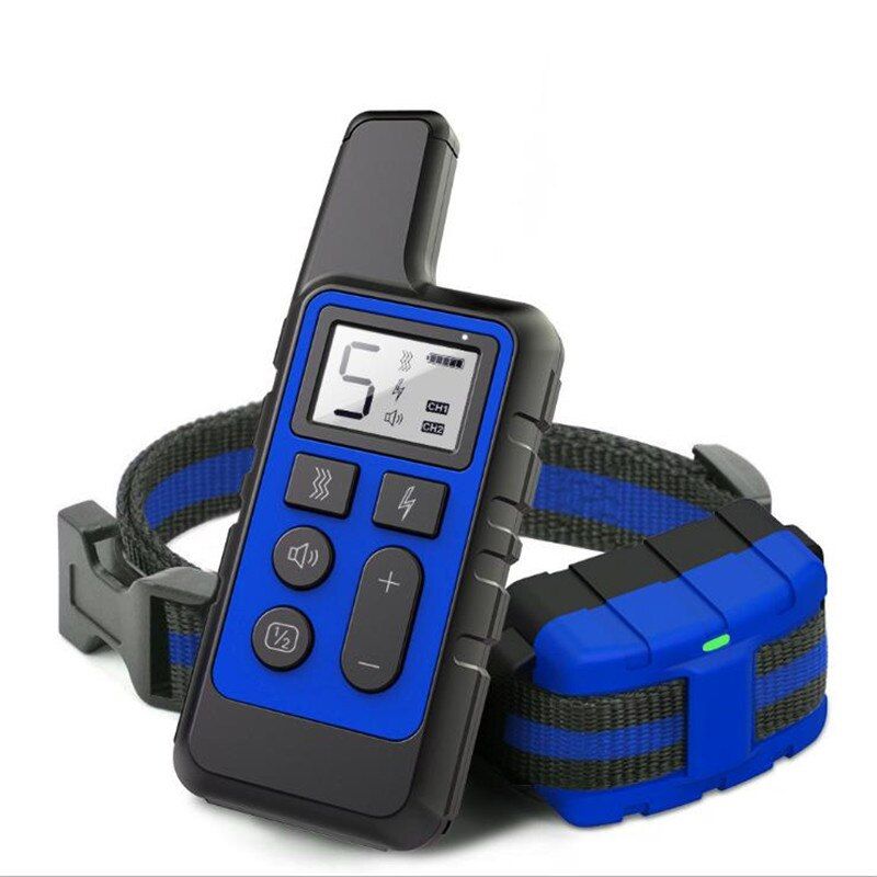 Electric  Training Collar 500m Pet Remote Control Shock Vibration Warning Waterproof Rechargeable LCD Display Stopping Bark Blue