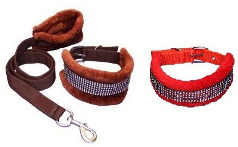 Pet N Perry PetNPerry Export Quality Dog Brown Diamond Collar,Lease&Red Collar Small Dog Collar & Leash  (Small, RED, BROWN)