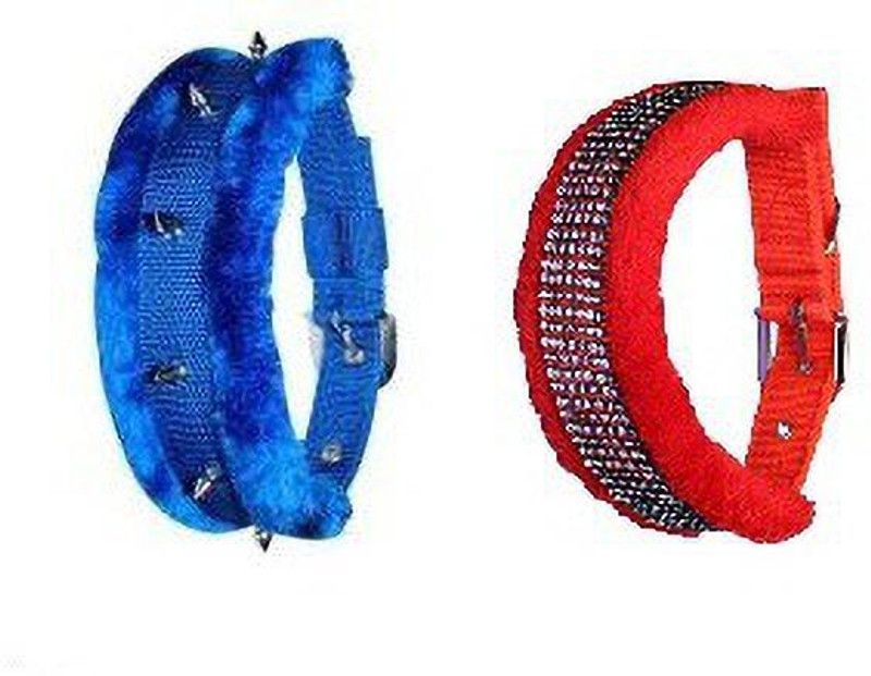 SAWAY ay Export Quality Dog Red Furr Diamond And blue Spyke Collar Large Dog Everyday Collar  (Large, RED BLUE)