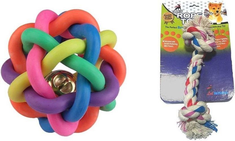 Delicacy Pet Food & Supplies Toy Combo (Squeaky Rainbow Rubber Ball + Rope Chew Toy) Rubber, Jute Chew Toy, Fetch Toy, Tug Toy For Dog