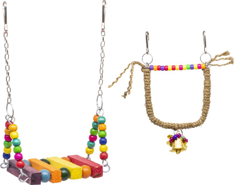 GREENBIRDS TOYS Combo Of Colorful Wooden Swing & Playful Bird Perch Parrot Toys Cage Accessories Resting Toy Pet Perch Bird Toy Wooden Training Aid For Bird & Parrots Wooden Chew Toy, Training Aid, Perch For Bird