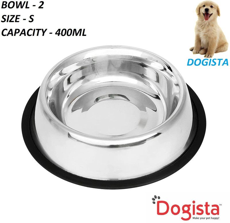 DOGISTA Non Tip Anti Skid Stainless Steel Dog Bowls with Removable Rubber Ring SIZE S Stainless Steel Pet Bowl  (400 ml Multicolor)