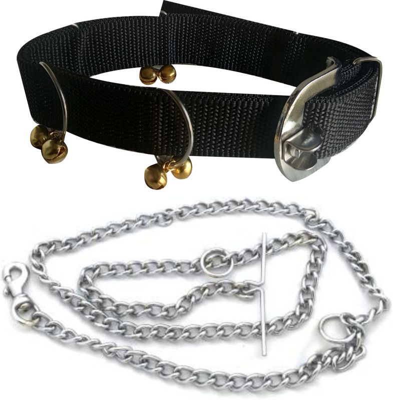 PEDIGONE Dog Belt Combo of Black Ghungroo Collar with Dog Chain 1.5m Lengthy Dog Collar & Chain  (Medium, Multi-Color)