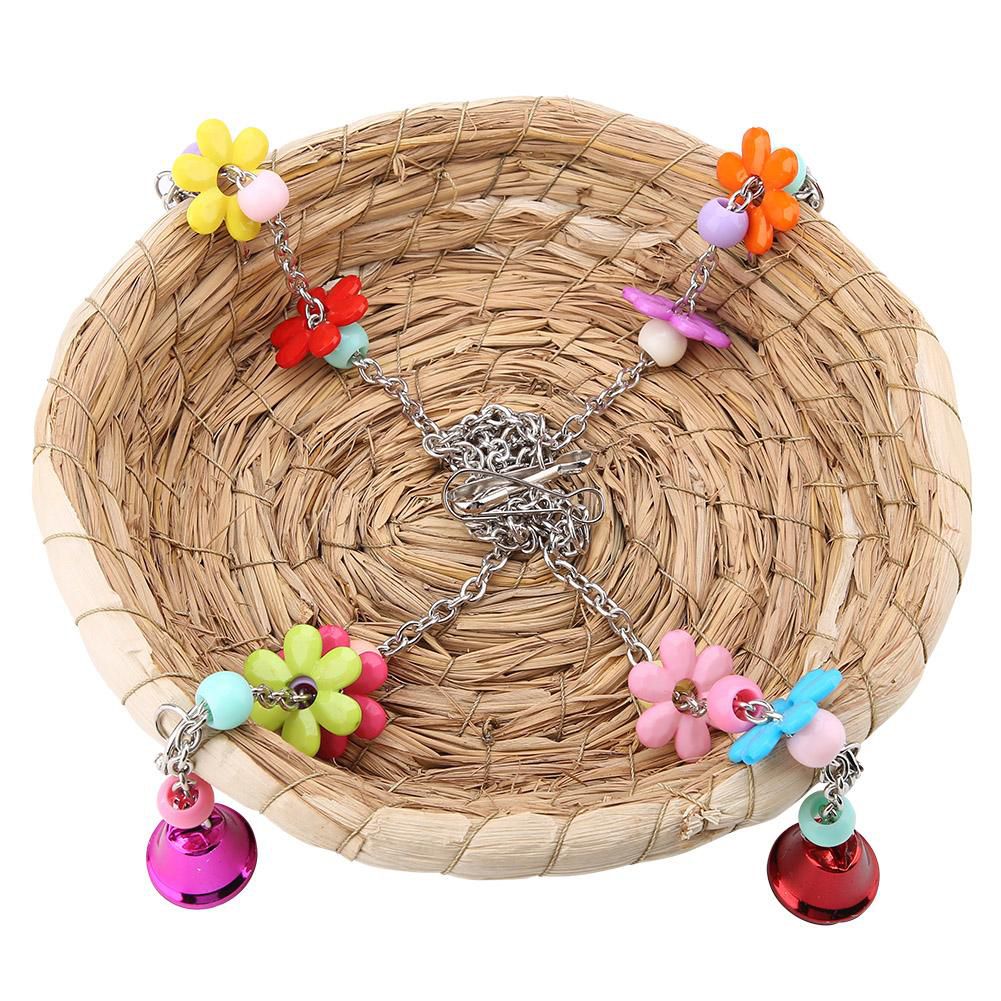 Colorful Beads Bell Pet Bird Toy Parrot Hang Basket Swing Straw Nest Cage Decor