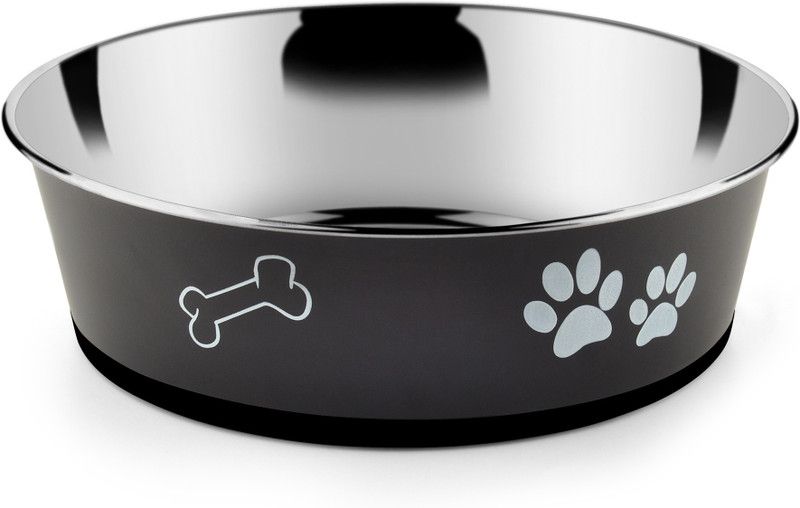 HM Steels HMSTEELS DOG BOWL HEAVY DISH BONDED WITH BLACK COLOR AND PRINTING 17 CM Round Stainless Steel Pet Bowl  (1000 ml Black)