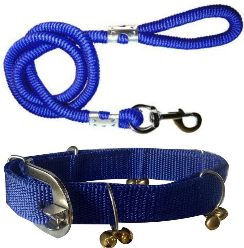 PEDIGONE Good Quality Dog Belt Combo of Blue Ghungroo Collar with Blue Lead 1.5m Lengthy Dog Collar & Leash  (Medium, Multi-Color)