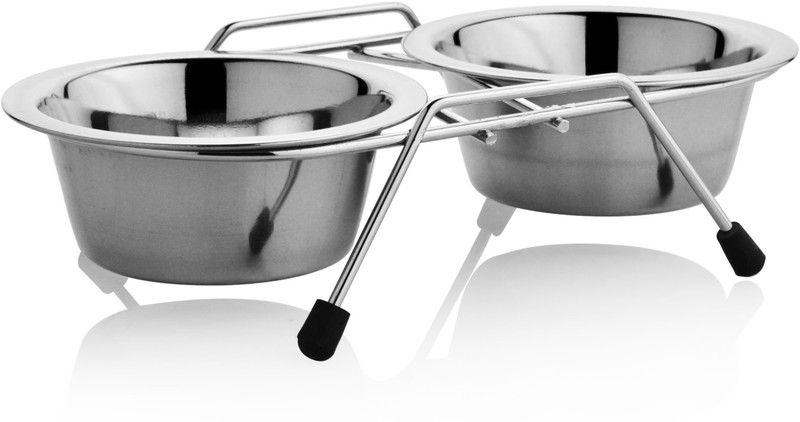 HM Steels HMSTEELS PET DOG BOWL DOUBLE DINNER WITH Stainless steel PET BOWL 400 ML*2 (13CM) Rectangular Stainless Steel, Iron Pet Bowl  (400 ml Grey)