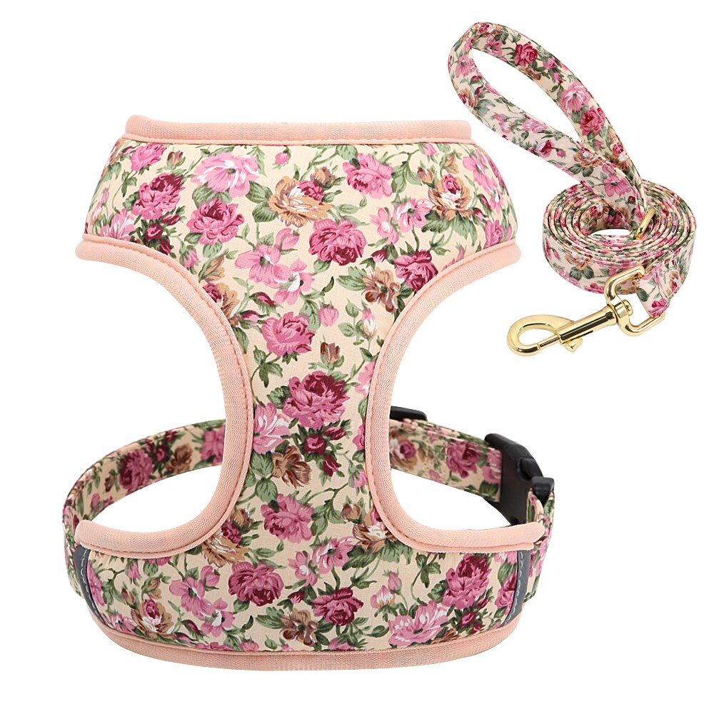 Nylon  Vest Harness Pet Lead Leash Breathable Padded s  Harness With Belt Flower Print for Small Medium Large s s