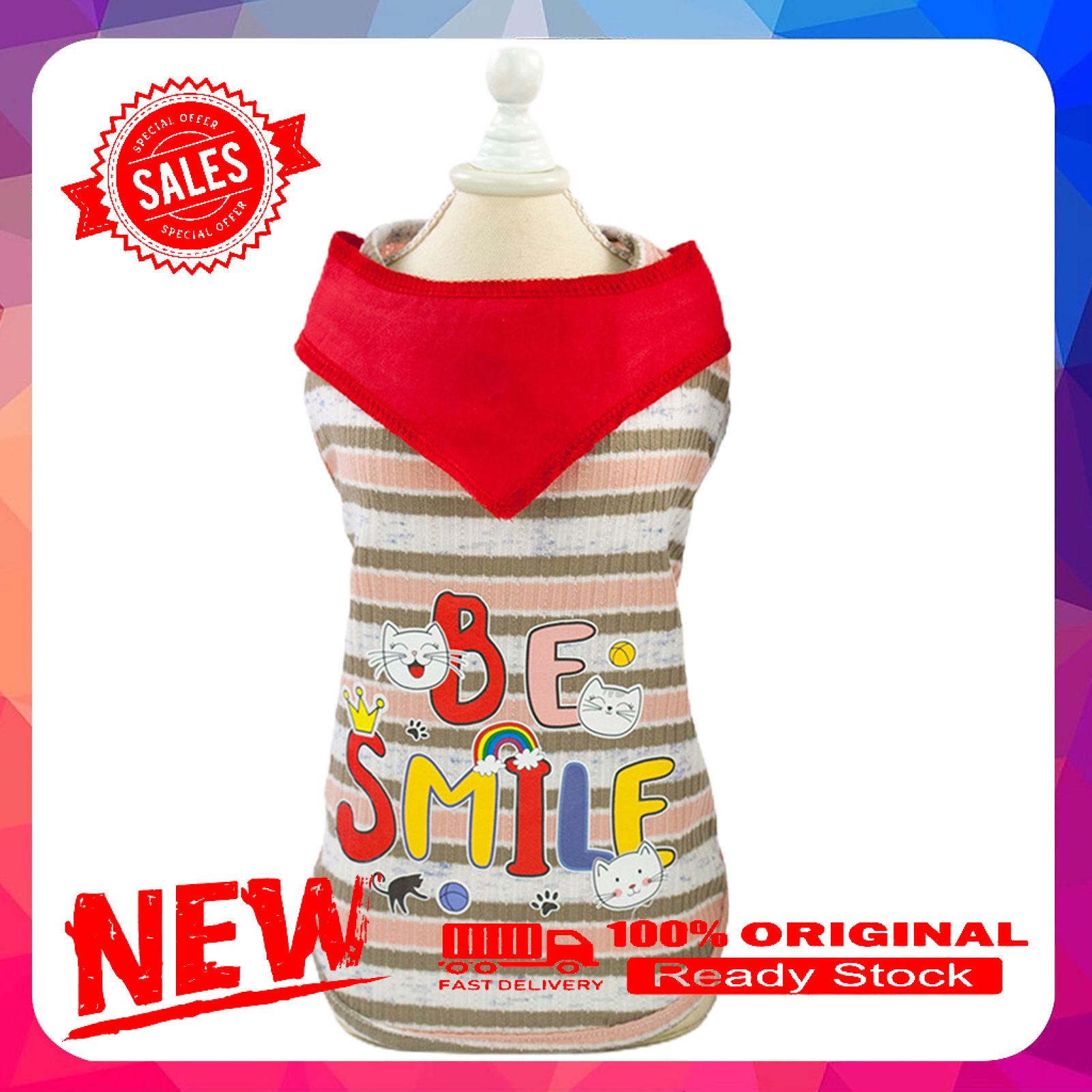 Vist Fox Pet Cat Cartoon Letter Printed Fabric Stitching Vest Stripe Pattern Dog Clothes