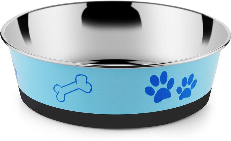 HM Steels HMSTEELS DOG BOWL HEAVY DISH BONDED WITH BLUE COLOR AND PRINTING 23 CM Round Stainless Steel Pet Bowl  (2500 ml Blue)