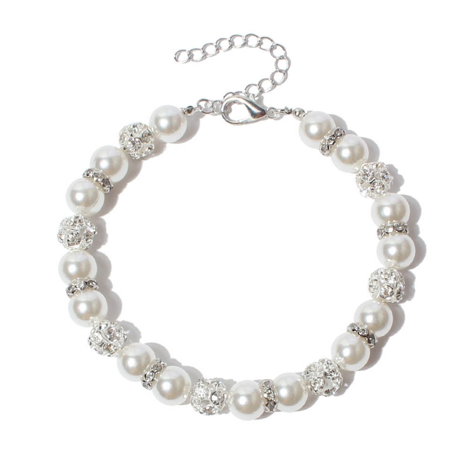 Pet Necklace Inlaid Rhinestone Dress-up White Puppy Faux Pearls Collar Necklace for Weddings