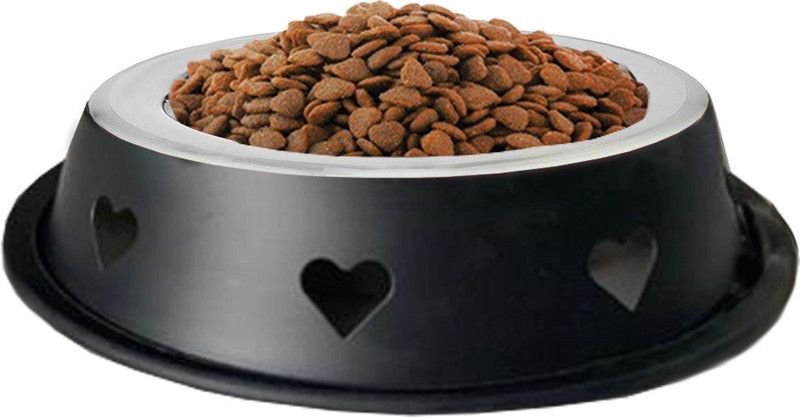 Prinox Heart Design Stainless Steel Pet Bowls For Puppies, Dogs, Cats, Or Kittens Round Steel Pet Bowl  (350 ml Black)