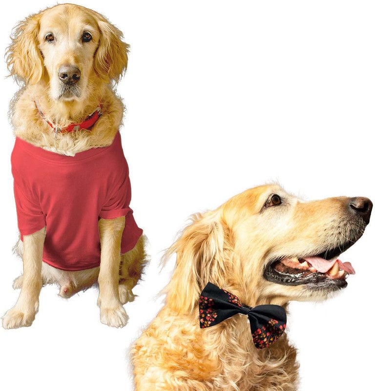 RUSE T-shirt, Dress for Dog  (Solid Pets Crew Neck & Black Floral Cotton Printed Bow Tie (Yellow))