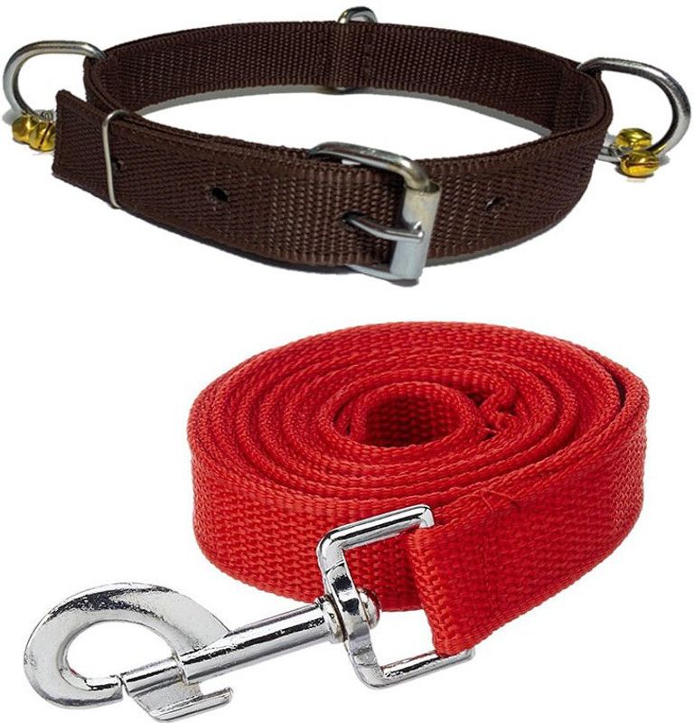 Veditya Dog Collar & Leash  (Medium, BROWN-RED)