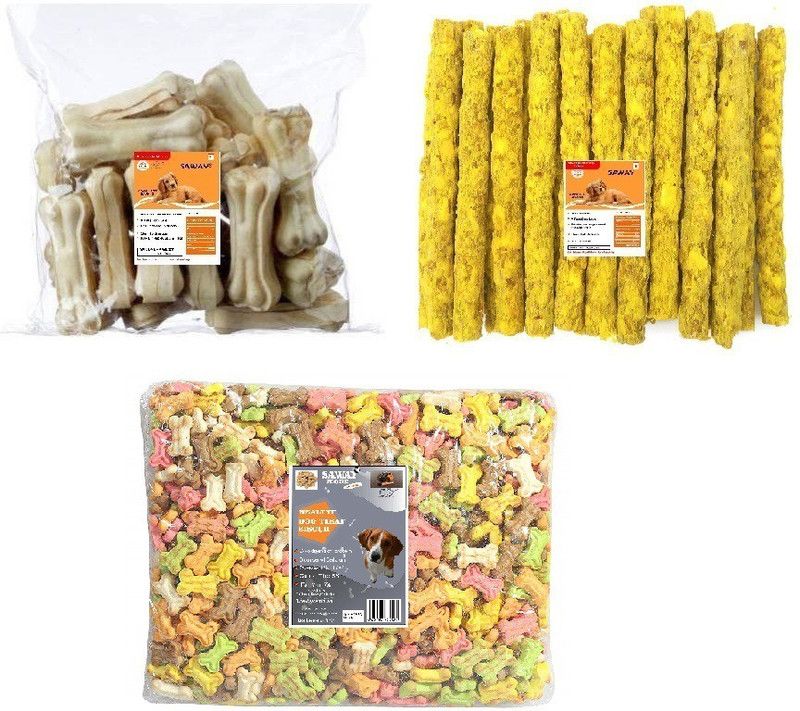 SAWAY Saway Dog Healthy Pressed Chew Bone 3 Inch 500gr,Rawhide Chicken Munchy Stick (Yellow) 500gr,Dog Treat Mix Color Buiscuit 500Gr (Pack of 1.5kg) Beef, Vegetable, Chicken 1.5 kg Dry Adult, New Born, Senior, Young Dog Food