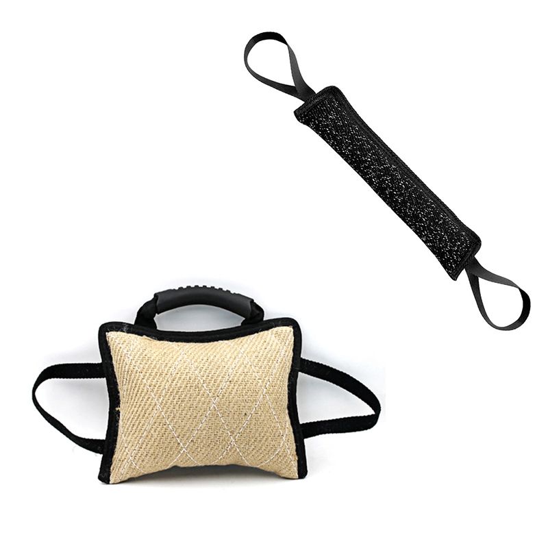 Training Bite Tug Toy Jute Linen Bite Pillow with 3 Handleswith Young Dog Chewing Arm Sleeve with 2 Handles