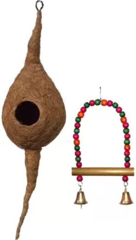 KAPOOR PETS Coconut Bird Nest with Chewing Toys-Hanging Bird Cage Toys Suitable for Small Parakeets, Cockatiels, Conures, Finches, Budgie, Macaws, Parrots, Love Birds(Combo Pack with Nest) Bird House (Hanging, Tree Mounting) Bird House  (Hanging)