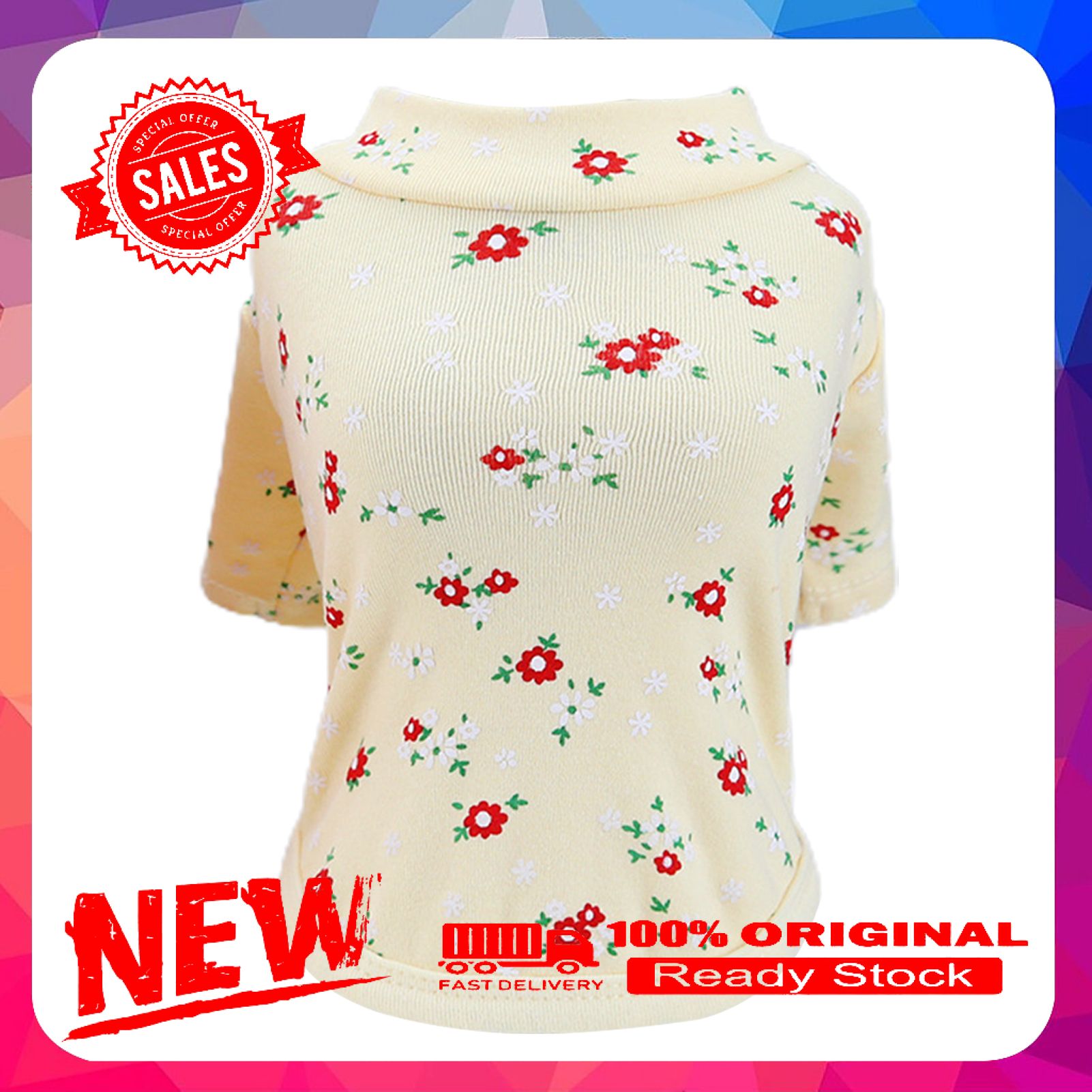 Vist Fox Pet T-shirt Flower Print Breathable Unisex Dog Winter Pullover Clothing for Autumn
