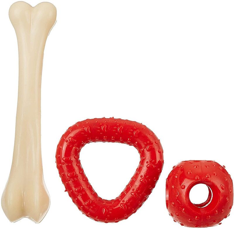 OPTISWIFT Dog Chew Toy Combo of 3 Toys | Medium Nylon Bone, Large Hole Ball & Spike Chew Ball Toy Nylon, Rubber Bone, Ball, Rubber Toy For Dog