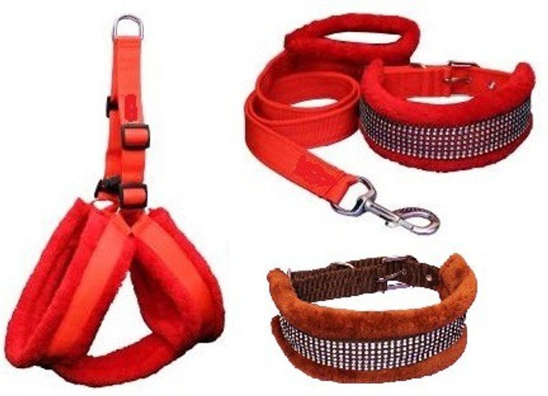 Pet N Perry PetNPerry Export Quality Dog Brown Furr Collar & Red Diamond Harness Set Medium Dog Harness & Leash  (Medium, RED, BROWN)