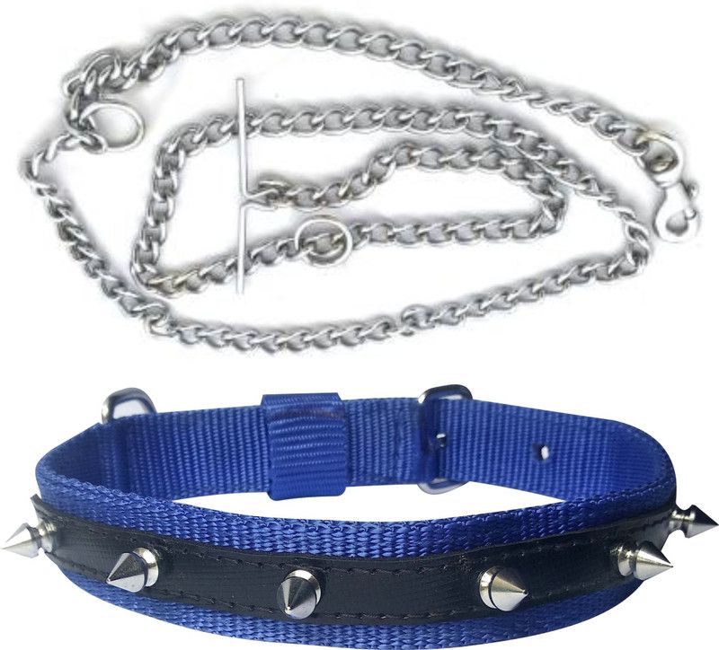 PEDIGONE Good Quality Dog Belt Combo of Blue Nylon Spike Collar with Dog Chain 1.5m Lengthy Dog Collar & Chain  (Medium, Multi-Color)