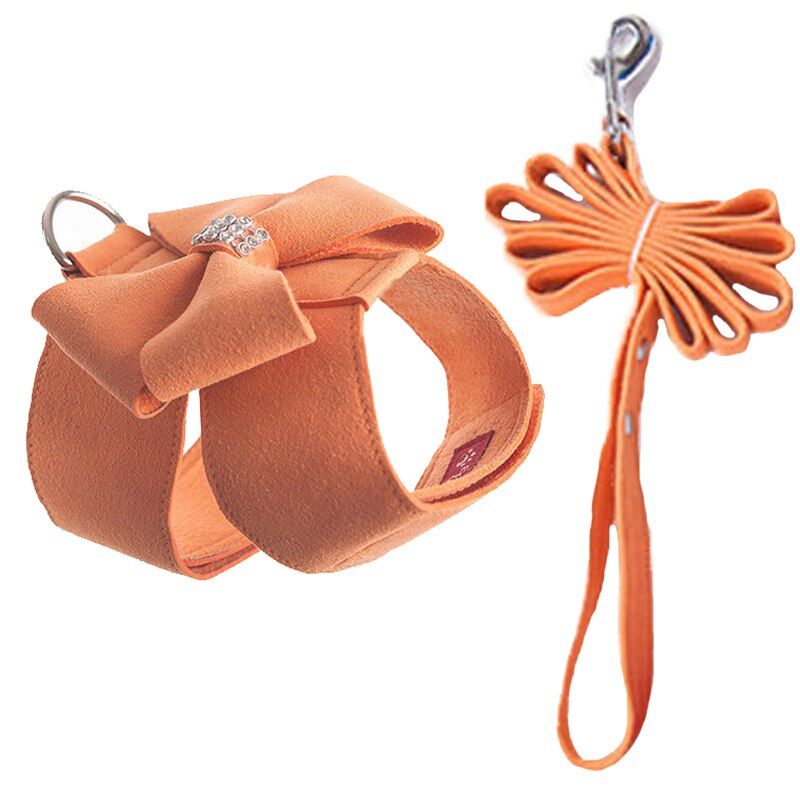 Pet  Vest Harness Bling Rhinestone Girl Tie No Pull Soft Suede Leather Puppy Vest Harness Leash Set  Kitten Collar Set